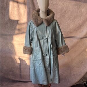 Elegant Blue Leather Coat with Mink Fur collar Trim Women's Coat 8/9